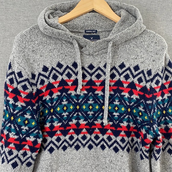 American Eagle Womens Fair Isle Hoodie Sweater Seriously Soft Size Medium - Picture 2 of 9